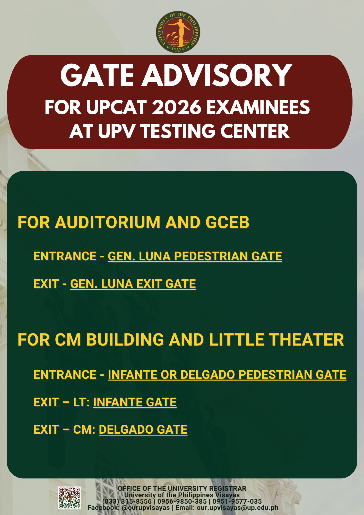 Gate Advisory for UPCAT 2026 Examinees at UP Visayas Testing Center