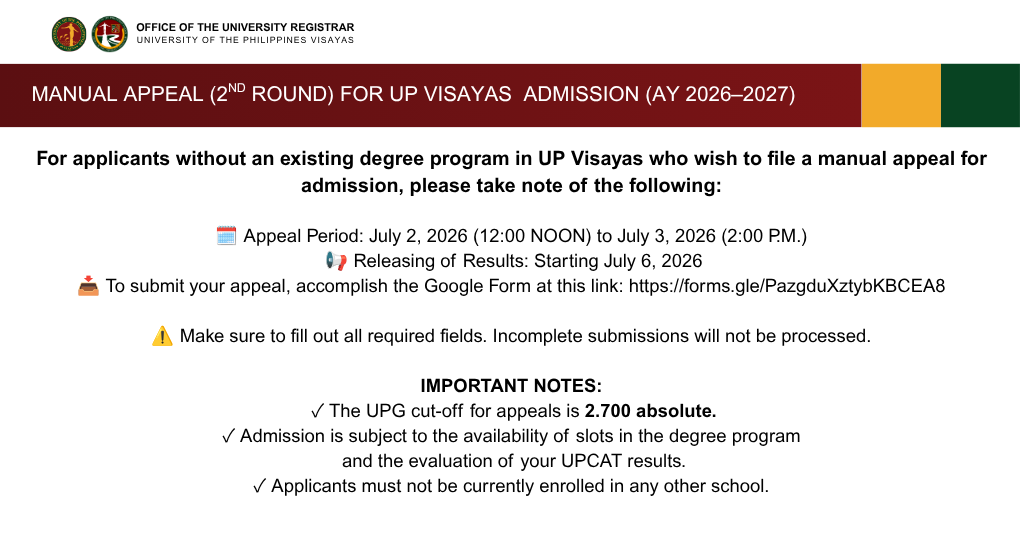 Manual Appeal (2nd Round) for UP Visayas  Admission (AY 2026–2027)