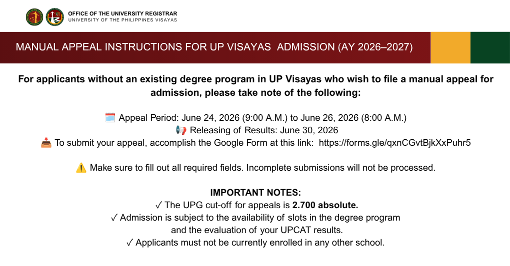 Manual Appeal Instructions for UP Visayas Admission (AY 2026–2027)